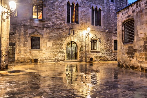 Gothic quarter of Barcelona in wet weather conditions